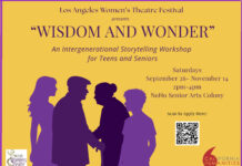 Poster advertising 'Wisdom and Wonder' workshop by the Los Angeles Women’s Theatre Festival; purple silhouettes of five people in the foreground, mustard background, with event details and a QR code on the right, plus sponsor logos at the bottom.