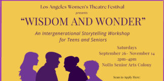 Poster advertising 'Wisdom and Wonder' workshop by the Los Angeles Women’s Theatre Festival; purple silhouettes of five people in the foreground, mustard background, with event details and a QR code on the right, plus sponsor logos at the bottom.