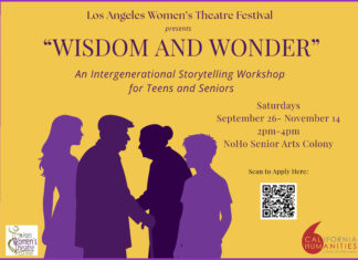 Wisdom and Wonder: An Intergenerational Storytelling Workshop Poster advertising 'Wisdom and Wonder' workshop by the Los Angeles Women’s Theatre Festival; purple silhouettes of five people in the foreground, mustard background, with event details and a QR code on the right, plus sponsor logos at the bottom.