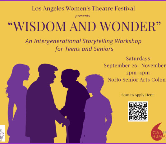 Wisdom and Wonder: An Intergenerational Storytelling Workshop Poster advertising 'Wisdom and Wonder' workshop by the Los Angeles Women’s Theatre Festival; purple silhouettes of five people in the foreground, mustard background, with event details and a QR code on the right, plus sponsor logos at the bottom.