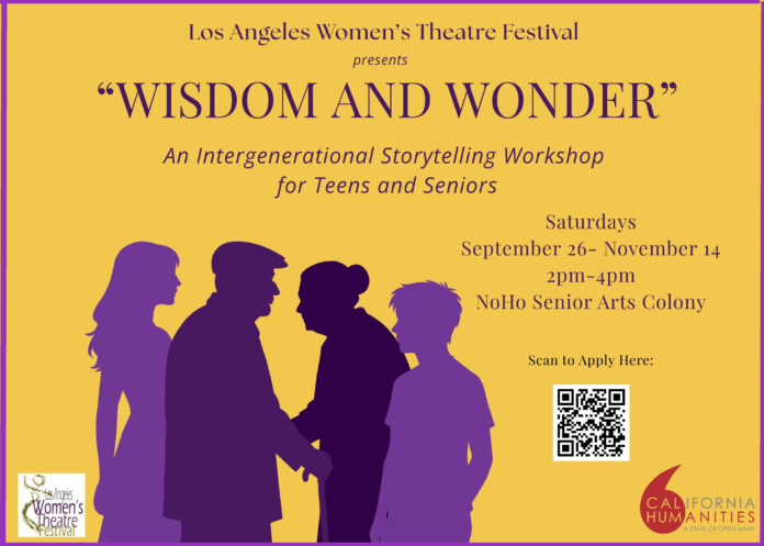 Poster advertising 'Wisdom and Wonder' workshop by the Los Angeles Women’s Theatre Festival; purple silhouettes of five people in the foreground, mustard background, with event details and a QR code on the right, plus sponsor logos at the bottom.