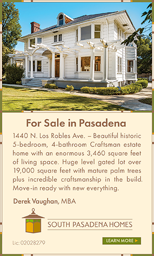 Historic white Craftsman-style house with a manicured lawn, followed by a beige real estate ad panel saying 'For Sale in Pasadena' with property details and the South Pasadena Homes - Derek Vaughan.
