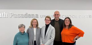 PHOTO: SPUSD | The South Pasadenan | The SPUSD School Board prepares for the January 13, 2026 board meeting, left to right: Dr. Patricia Martinez-Miller, Karen Tamis, Board President Dr. Michele Kipke, Board Clerk Zahir Robb, and Karissa Adams.