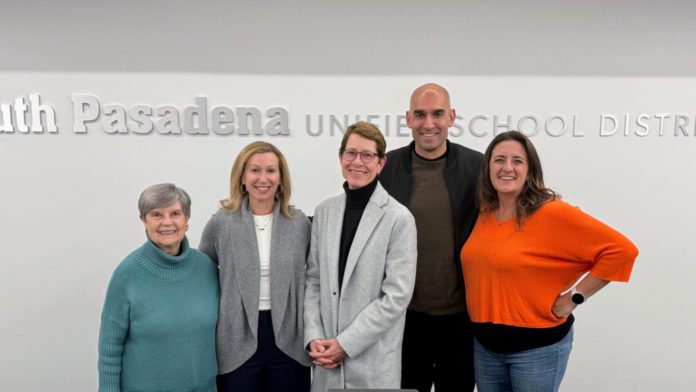 PHOTO: SPUSD | The South Pasadenan | The SPUSD School Board prepares for the January 13, 2026 board meeting, left to right: Dr. Patricia Martinez-Miller, Karen Tamis, Board President Dr. Michele Kipke, Board Clerk Zahir Robb, and Karissa Adams.