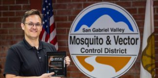 PHOTO: SGV Mosquito & Vector Control | The South Pasadenan | Director of Scientific Programs Tristan Hallum with MVCAC Presidential Citation Award