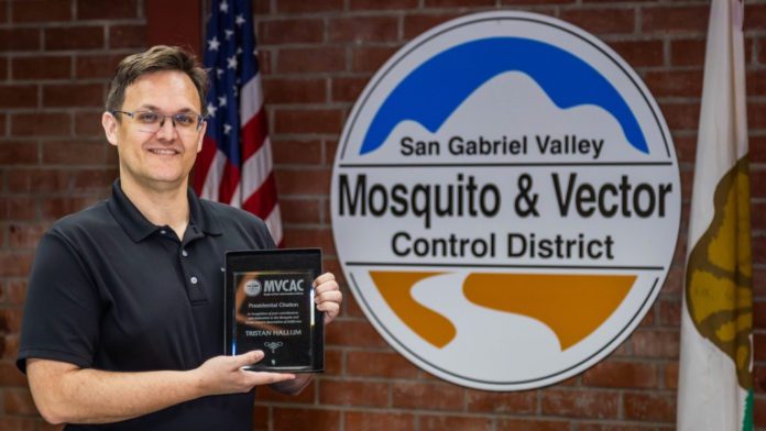 PHOTO: SGV Mosquito & Vector Control | The South Pasadenan | Director of Scientific Programs Tristan Hallum with MVCAC Presidential Citation Award