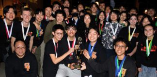PHOTO: Benjamin Ku | The South Pasadenan | Members of the SPHS Science Olympiad team and Coach Benjamin Ku received a first-place school trophy at the Pasadena City College regional tournament.
