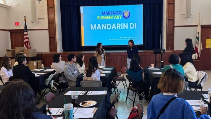 PHOTO: SPUSD | The South Pasadenan | Principal Noelle Fong, SPUSD Superintendent Angela Elizondo Baxter, and First Grade Mandarin Dual Immersion teacher Judy Ho welcome attendees.