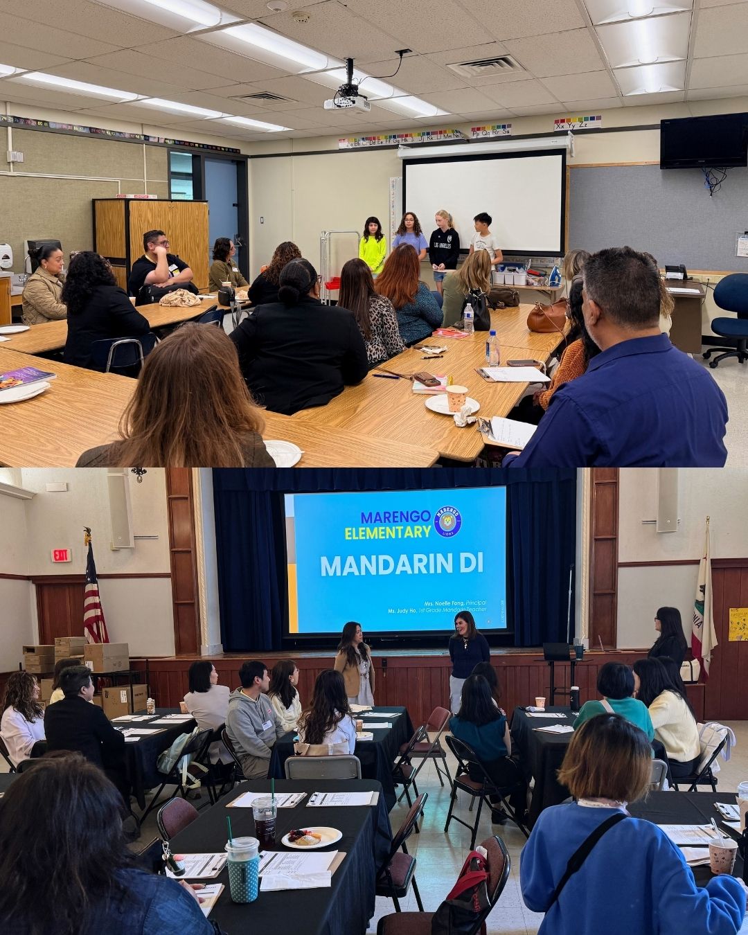 | The South Pasadenan | South Pasadena News PHOTO: SPUSD | The South Pasadenan | Top: Monterey Hills fifth-grade Spanish Dual Immersion students share their classroom experiences with participants, and bottom: Principal Noelle Fong, SPUSD Superintendent Angela Elizondo Baxter, and First Grade Mandarin Dual Immersion teacher Judy Ho welcome attendees.