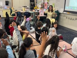 PHOTO: SPUSD | The South Pasadenan | Clockwise from top left: SPUSD Board Member Karen Tamis reads to Monterey Hills (MHS) second graders, Superintendent Dr. Angela Elizondo Baxter reads to MHS third graders; MHS Principal Jessica Zavala gathers Board members and District office employees before the reading adventures begin.