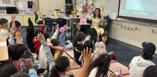 PHOTO: SPUSD | The South Pasadenan | Clockwise from top left: SPUSD Board Member Karen Tamis reads to Monterey Hills (MHS) second graders, Superintendent Dr. Angela Elizondo Baxter reads to MHS third graders; MHS Principal Jessica Zavala gathers Board members and District office employees before the reading adventures begin.