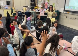 SPUSD Snapshot | Guest Readers Visit Classrooms During Read Across America Week PHOTO: SPUSD | The South Pasadenan | Clockwise from top left: SPUSD Board Member Karen Tamis reads to Monterey Hills (MHS) second graders, Superintendent Dr. Angela Elizondo Baxter reads to MHS third graders; MHS Principal Jessica Zavala gathers Board members and District office employees before the reading adventures begin.