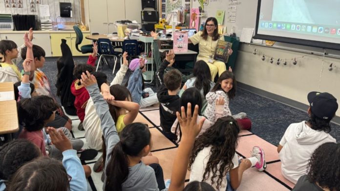 PHOTO: SPUSD | The South Pasadenan | Clockwise from top left: SPUSD Board Member Karen Tamis reads to Monterey Hills (MHS) second graders, Superintendent Dr. Angela Elizondo Baxter reads to MHS third graders; MHS Principal Jessica Zavala gathers Board members and District office employees before the reading adventures begin.