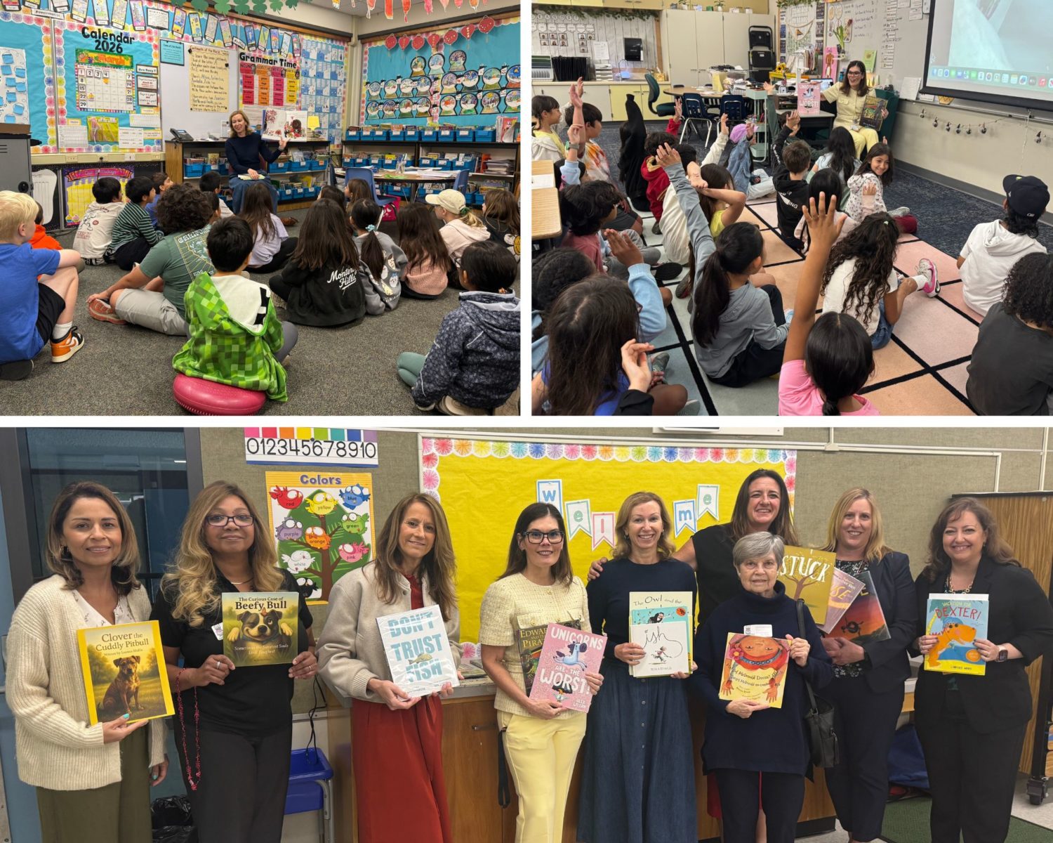 PHOTO: SPUSD | The South Pasadenan | Clockwise from top left: SPUSD Board Member Karen Tamis reads to Monterey Hills (MHS) second graders, Superintendent Dr. Angela Elizondo Baxter reads to MHS third graders; MHS Principal Jessica Zavala gathers Board members and District office employees before the reading adventures begin.