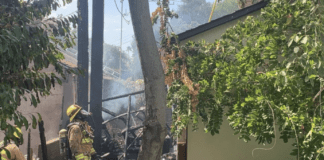 PHOTO: SPFD | The South Pasadenan | South Pasadena Firefighters, along with Alhambra Fire, Pasadena Fire, & San Marino Fire working in 107°F heatwave temperatures to extinguish residential blaze reportedly caused by downed power lines.