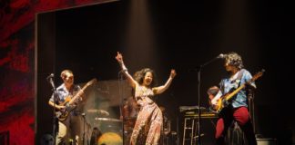 PHOTO: Teolindo, Cambodia Rock Band | The South Pasadenan | (From L to R) Joe Ngo as Chum, Abraham Kim as Rom, Kelsey Angel Baehrens as Sothea, Jane Lui as Pou, and Tim Liu as Leng perform "One Thousand Tears of a Tarantula" by Dengue Fever in Cambodian Rock Band