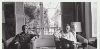 David Hockney, Don Bachardy and Christopher Isherwood, 1968 March 30, 3 1/2 x 5 in. Christopher Isherwood Papers. | The Huntington Library, Art Museum, and Botanical Garden. Photo credit: David Hockney. © David Hockney.