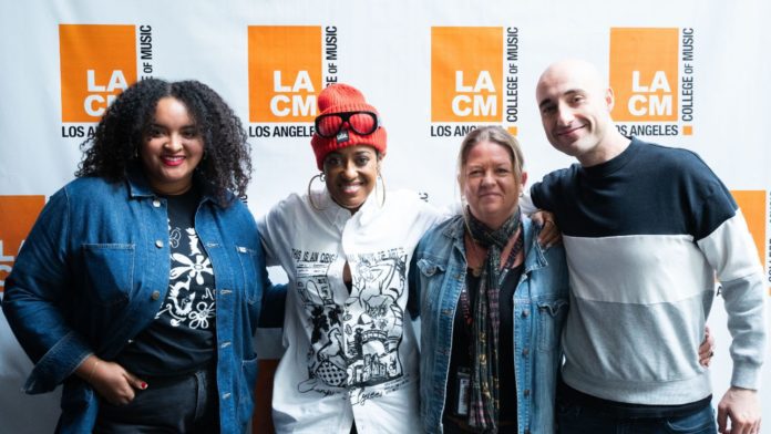 LEFT TO RIGHT: Adjenai Worrell, 370 Music Group Label Manager, Roc Nation’s Grammy Award-winning Rap/Hip Hop artist Rapsody, Erin Workman, 370 Music Group Faculty Advisory Board member and LACM Executive Vice President and Michael Chrysanthou, 370 Music Group Faculty Advisory Board member and LACM Career Services Manager.