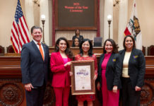 PHOTO: Office of Senator Sasha Perez | The South Pasadenan | Senator Sasha Renée Pérez presents Eaton Fire Survivor Network Executive Director Joy Chen with a framed resolution as Woman of the Year for District 25. Pictured L-R, Senator Brian Jones, Senator Sasha Renée Pérez, Joy Chen, Senate President pro Tem Monique Limón, Senator Caroline Menjivar