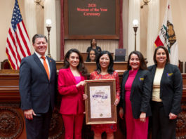 PHOTO: Office of Senator Sasha Perez | The South Pasadenan | Senator Sasha Renée Pérez presents Eaton Fire Survivor Network Executive Director Joy Chen with a framed resolution as Woman of the Year for District 25. Pictured L-R, Senator Brian Jones, Senator Sasha Renée Pérez, Joy Chen, Senate President pro Tem Monique Limón, Senator Caroline Menjivar