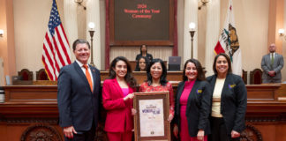 Woman of the Year | Senator Pérez Honors Joy Chen PHOTO: Office of Senator Sasha Perez | The South Pasadenan | Senator Sasha Renée Pérez presents Eaton Fire Survivor Network Executive Director Joy Chen with a framed resolution as Woman of the Year for District 25. Pictured L-R, Senator Brian Jones, Senator Sasha Renée Pérez, Joy Chen, Senate President pro Tem Monique Limón, Senator Caroline Menjivar