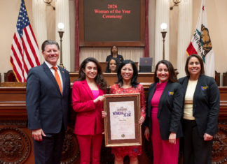 Woman of the Year | Senator Pérez Honors Joy Chen PHOTO: Office of Senator Sasha Perez | The South Pasadenan | Senator Sasha Renée Pérez presents Eaton Fire Survivor Network Executive Director Joy Chen with a framed resolution as Woman of the Year for District 25. Pictured L-R, Senator Brian Jones, Senator Sasha Renée Pérez, Joy Chen, Senate President pro Tem Monique Limón, Senator Caroline Menjivar