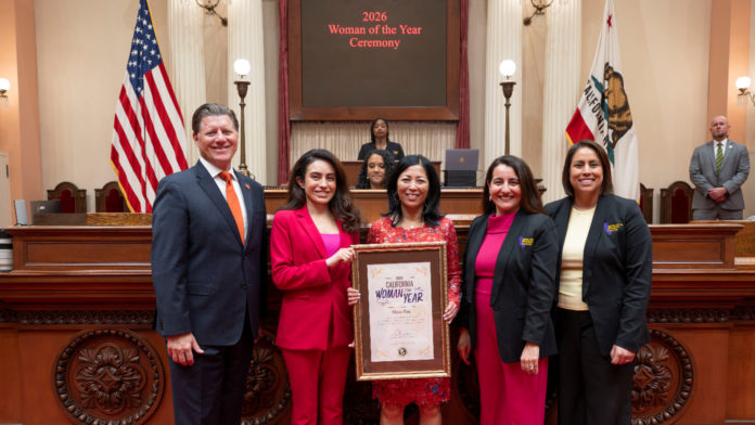 PHOTO: Office of Senator Sasha Perez | The South Pasadenan | Senator Sasha Renée Pérez presents Eaton Fire Survivor Network Executive Director Joy Chen with a framed resolution as Woman of the Year for District 25. Pictured L-R, Senator Brian Jones, Senator Sasha Renée Pérez, Joy Chen, Senate President pro Tem Monique Limón, Senator Caroline Menjivar