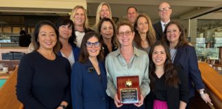 PHOTO: SPUSD | The South Pasadenan | Dr. Michele Kipke (center) and South Pasadena Unified School District representatives celebrated Dr. Kipke receiving the Golden Apple Award for Volunteerism.