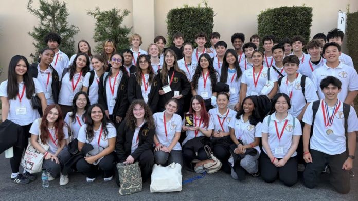 PHOTO: Andre Zumaeta | The South Pasadenan | SPHS Advanced Sports Medicine students celebrate after a recent competition at St Francis High School in La Cañada.