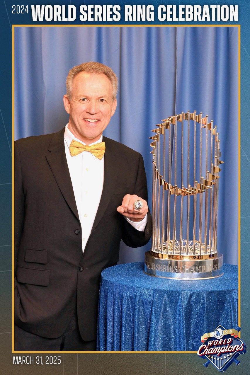 Los Angeles Dodgers’ Historian Mark Langill, who resides in South Pasadena, shows his 2024 World Series championship ring.
