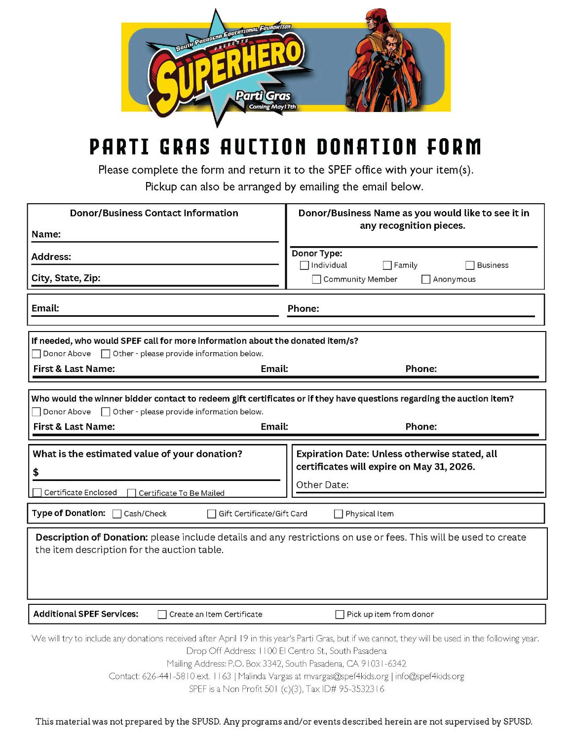 Parti Gras Auction Donation Form