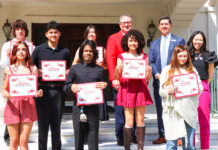 PHOTO: Pasadena Tournament of Roses | The South Pasadenan | Front Row (Left to Right): Kylie Garcia-Johnston, Rose City High School; Elexis Guerra, John Muir High School; Ellerose Chan, Thurgood Marshall Secondary School Second Row (Left to Right): Giovanni Benitez, Pasadena High School; Maryn Goodwin, Thurgood Marshall Secondary School; Dr. Helen Hill, Pasadena Unified School District Chief Academic Officer Back Row: (Left to Right): Louden Rangel, Blair High School; Sienna Wei Bonoli, John Muir High School; Terry Madigan, Pasadena Tournament of Roses Association President; Daniel Limon, EVP, Banking Division Manager for Citizens Business Bank (Not Pictured: Brianna Miguel, John Muir High School)