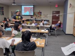 PHOTO: Rozanna Baranets | The South Pasadenan | Artist Grady McFerrin entertains SPMS students with his unique approach to drawing.