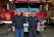 PHOTO: Esteban Lopez | The South Pasadenan | Nathaniel Brown, Master of South Pasadena Masonic Lodge No. 290, presents a donation check of over $2,000 to Fire Captain Mike Larkin at the South Pasadena Fire Department.