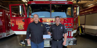 Community Support | South Pasadena Masons Donate to Local Firefighters PHOTO: Esteban Lopez | The South Pasadenan | Nathaniel Brown, Master of South Pasadena Masonic Lodge No. 290, presents a donation check of over $2,000 to Fire Captain Mike Larkin at the South Pasadena Fire Department.
