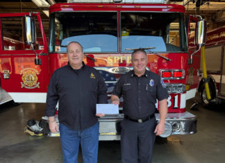 Community Support | South Pasadena Masons Donate to Local Firefighters PHOTO: Esteban Lopez | The South Pasadenan | Nathaniel Brown, Master of South Pasadena Masonic Lodge No. 290, presents a donation check of over $2,000 to Fire Captain Mike Larkin at the South Pasadena Fire Department.