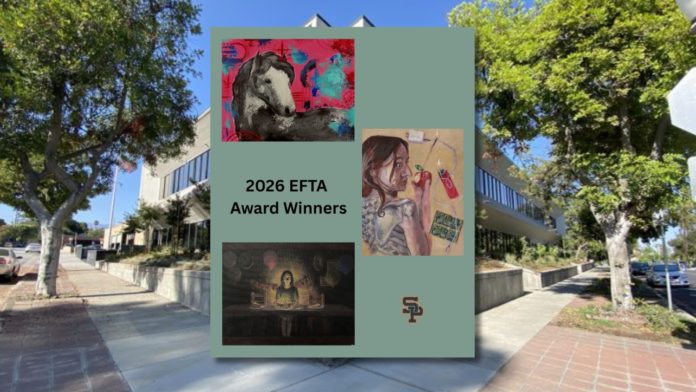 Graphic: SPHS Students | The South Pasadenan | Clockwise from upper left: Artworks by Sage Chang, Sasha Levie, and Amy Lee have been awarded Honorable Mentions in the 2026 EFTA Contest.