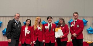 SPHS students celebrate at the SkillsUSA Evening of Excellence dinner with (from left) State Director, Clay Mitchell, Pei-Chen Ng, Abbey Montgomery, Ryan Wong, CTE teacher Sandra Matson-Fennell, and State High School President Cameron Sladek. (Photo Courtesy of SPHS SkillsUSA)