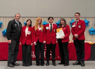 SPHS students celebrate at the SkillsUSA Evening of Excellence dinner with (from left) State Director, Clay Mitchell, Pei-Chen Ng, Abbey Montgomery, Ryan Wong, CTE teacher Sandra Matson-Fennell, and State High School President Cameron Sladek. (Photo Courtesy of SPHS SkillsUSA)