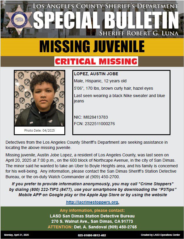 | The South Pasadenan | South Pasadena News PHOTO: LASD | The South Pasadenan | Los Angeles County Sheriff’s Department Missing Persons Unit investigators are asking for the public’s help locating Critical Missing Juvenile Austin Jobe Lopez