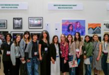 PHOTP: SPHS | The South Pasadenan | SPHS students, Photography Teacher Rouzanna Berberian (center left), SPUSD Superintendent Angela Elizondo Baxter (center), and Art Teacher Aimee Levie-Hultman (center right) during the Autry Student Visual Arts Exhibition opening reception.