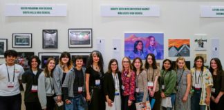 PHOTP: SPHS | The South Pasadenan | SPHS students, Photography Teacher Rouzanna Berberian (center left), SPUSD Superintendent Angela Elizondo Baxter (center), and Art Teacher Aimee Levie-Hultman (center right) during the Autry Student Visual Arts Exhibition opening reception.