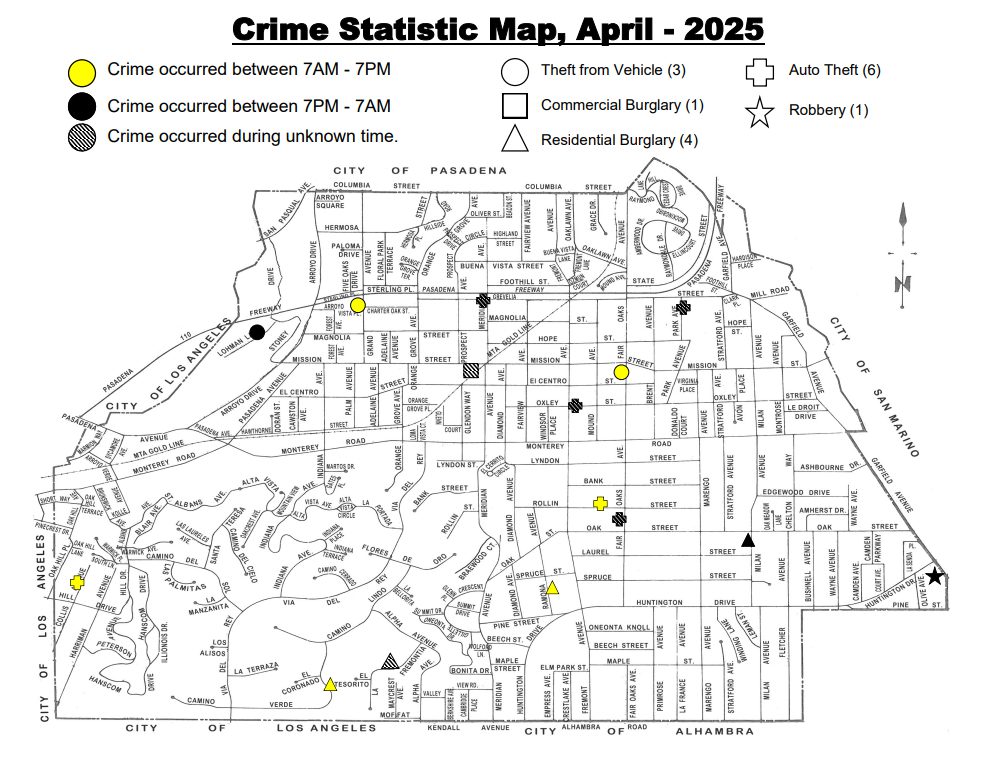 Crime Statistic Map, April 2025 | South Pasadena Police Department