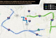 Graphic: Department of Transportation | The South Pasadenan | U.S. 101 Overnight Maintenance Near Downtown L.A.