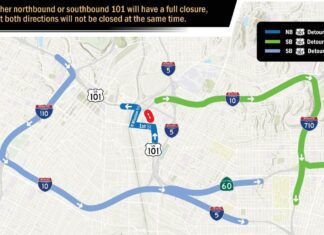 Freeway Nightly Closures | Bridge Work Near Downtown L.A. Now Graphic: Department of Transportation | The South Pasadenan | U.S. 101 Overnight Maintenance Near Downtown L.A.