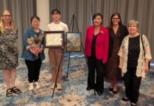 PHOTO: Enrique Robles | The South Pasadenan | From left: SPHS Art Teacher Aimee Levie-Hultman, Jung Hae Lim, David Kim, Judy Chu, Dr. Angela Elizondo Baxter, and Dr. Patricia Martinez-Miller pause to celebrate at the 2026 Congressional Art Awards Ceremony.