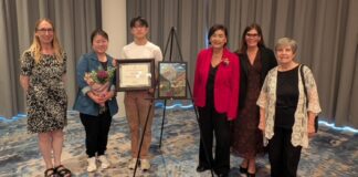 PHOTO: Enrique Robles | The South Pasadenan | From left: SPHS Art Teacher Aimee Levie-Hultman, Jung Hae Lim, David Kim, Judy Chu, Dr. Angela Elizondo Baxter, and Dr. Patricia Martinez-Miller pause to celebrate at the 2026 Congressional Art Awards Ceremony.