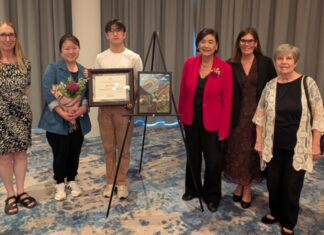 SPUSD Snapshot | SPHS Student David Kim Earns Honorable Mention in Congressional Art Competition PHOTO: Enrique Robles | The South Pasadenan | From left: SPHS Art Teacher Aimee Levie-Hultman, Jung Hae Lim, David Kim, Judy Chu, Dr. Angela Elizondo Baxter, and Dr. Patricia Martinez-Miller pause to celebrate at the 2026 Congressional Art Awards Ceremony.