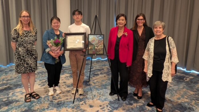 PHOTO: Enrique Robles | The South Pasadenan | From left: SPHS Art Teacher Aimee Levie-Hultman, Jung Hae Lim, David Kim, Judy Chu, Dr. Angela Elizondo Baxter, and Dr. Patricia Martinez-Miller pause to celebrate at the 2026 Congressional Art Awards Ceremony.