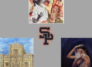 PHOTO: Jay Chen, Sven Leu, and Abigail Hillman | The South Pasadenan | SPHS students winning artwork includes top: “In Another World” by Jay Chen, bottom left: “Duomo de Florencia” by Sven Leu; and bottom right: “Critical Eye” by Abigail Hillman